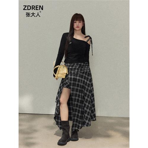 張大人大碼女裝胖妹妹mm春季新款復古感黑格半身裙露肩衫上衣套裝