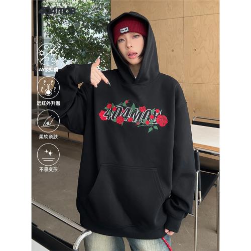 404MOB重工刺繡玫瑰花卉連帽衛衣男女款潮牌街頭寬松帽衫上衣外套