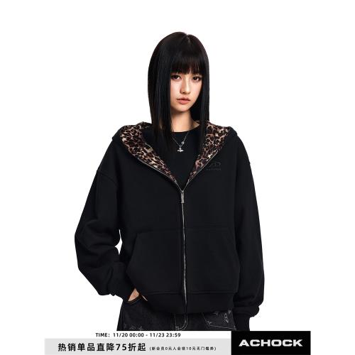【Achock官方店】潮牌街頭豹紋拼接連帽衛衣美式秋冬新款帽衫外套