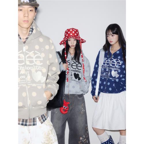 “彌漫”| eeee小眾設計感字母刺繡開衫外套滿印波點連帽衛衣秋