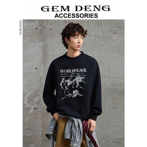 GEM DENG秋冬季美式復古潮牌長袖時尚印花衛衣男重磅寬松大碼衣服