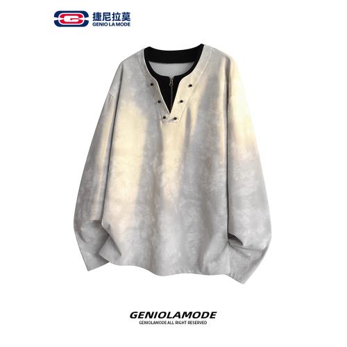 GENIOLAMODE扎染半拉鏈假兩件長袖T恤v領男士秋季寬松衛衣套頭衫