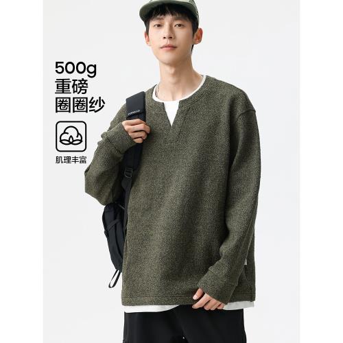 布衣傳說 500g重磅圈圈紗 海鷗領假兩件撞色衛衣男士寬松休閑外套