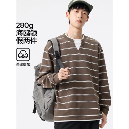 布衣傳說 280g提花棉 假兩件條紋衛衣男士寬松潮牌長袖外套上衣服