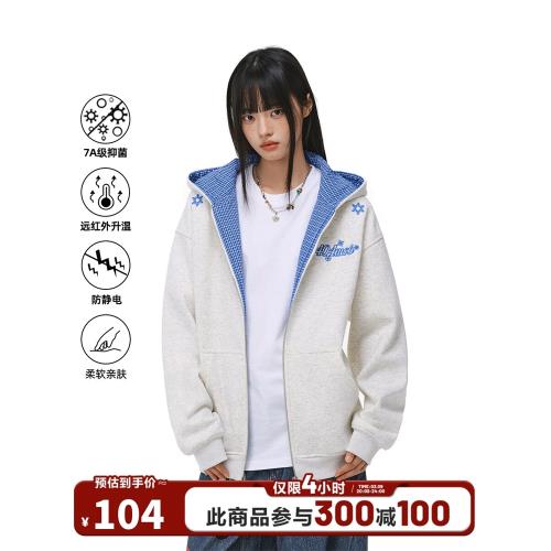 404MOB格紋撞色加絨加厚連帽衛衣男女秋冬季情侶開衫外套miu上衣