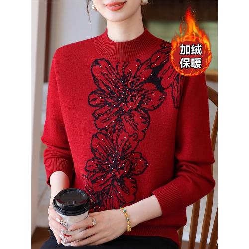 新款媽媽冬裝洋氣一體絨針織毛衣保暖上衣中老年女加絨加厚打底衫