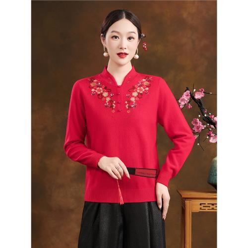 高檔國風媽媽裝精致繡花羊毛衫新中式打底上衣中老年人旗袍領毛衣