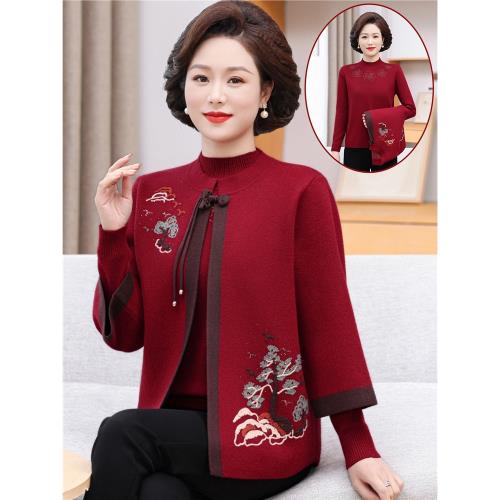 媽媽秋裝針織兩件套洋氣上衣2025新款中老年女新中式開衫毛衣套裝