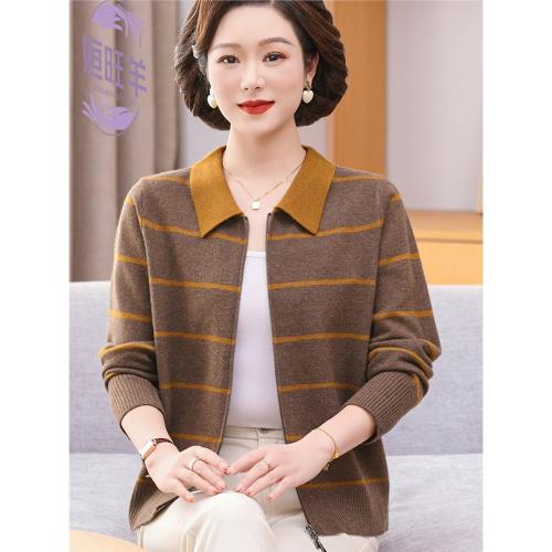 春秋媽媽裝新款翻領針織長袖開衫毛衣中老年秋季寬松條紋上衣外套