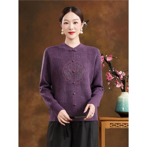 新中式高端送媽媽生日裝羊毛衫中老年女裝上衣改良旗袍領打底毛衣