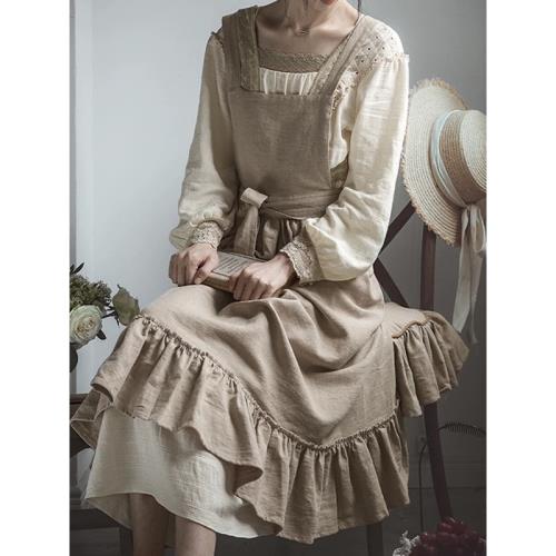 法式復古田園花藝文藝棉麻圍裙廚房烘焙純色荷葉邊美甲罩衣咖啡師