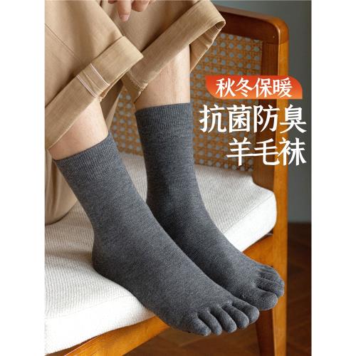 羊毛五指襪子男款秋冬季羊絨保暖中筒襪冬天防臭厚款棉襪分趾長襪