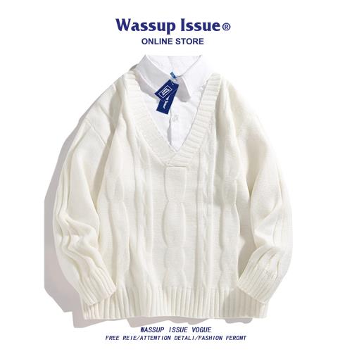 WASSUP ISSUE假兩件毛衣男款秋冬季寬松2025新款情侶針織衫外套男