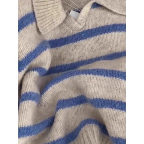 歐貨藍色條紋polo翻領長袖軟糯針織衫毛衣秋冬女慵懶復古套頭上衣