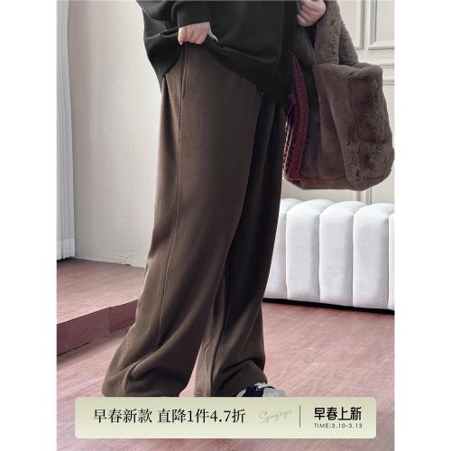 大碼女裝【暖冬搖粒褲】秋冬季胖mm高腰寬松保暖抽繩束腳/闊腿褲