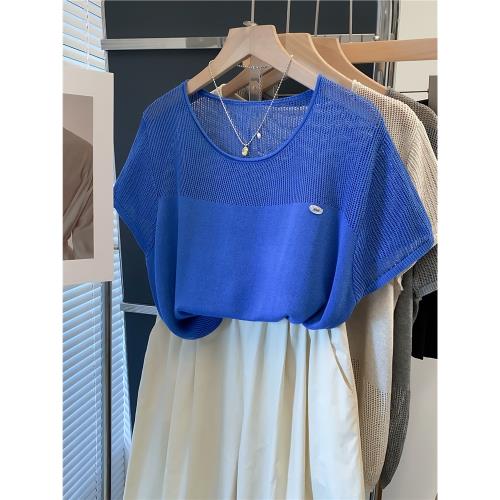 鏤空圓領飛飛袖針織衫女2026夏裝新款寬松上衣薄款短袖洋氣t恤衫