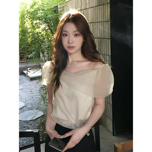 法式白色短袖襯衫女夏季氛圍感網紗雪紡衫修身顯瘦甜美露肩上衣潮