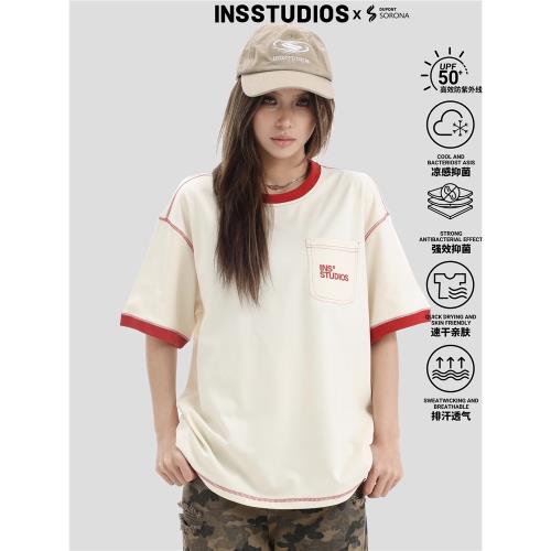 INSstudios 國潮牌情侶美式撞色羅紋口袋涼感短袖寬松夏季冰皮T恤