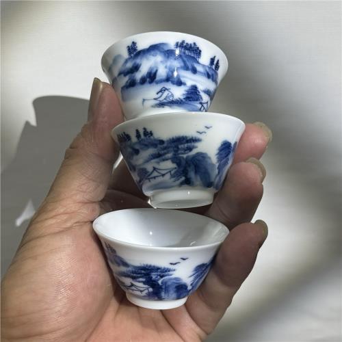 清光緒時代 紫金釉青花草虫文杯 压手杯 茶道具 茶杯 盃 煎茶碗(F-74