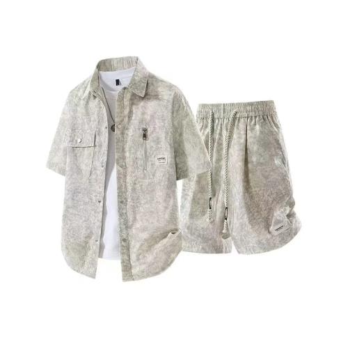 短褲夏季男襯衫扎染短袖套裝帥氣休閑潮流大碼寬松短褲運動兩件套