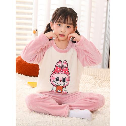 兒童睡衣法蘭絨秋冬女童卡通拉布布寶寶可愛保暖加厚家居服珊瑚絨