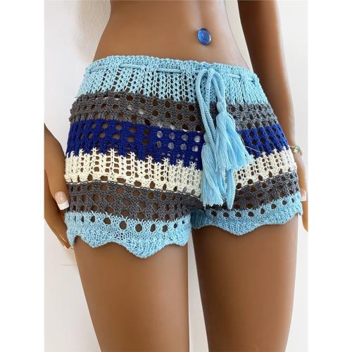 2023新款海邊度假風綁帶抽繩撞色拼接鏤空針織沙灘熱褲休閑短褲女