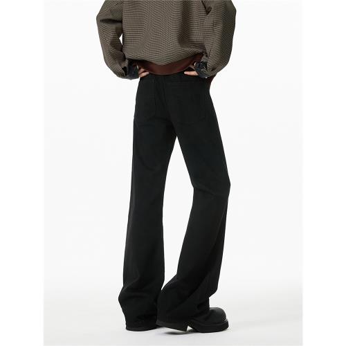 V37美式復古黑色微喇褲子男春季高街cleanfit寬松闊腿加絨牛仔褲