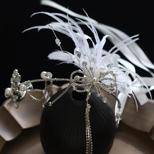 圣誕節新款蓋茨比羽毛水晶流蘇發箍眉心墜超仙減齡額飾新娘頭飾