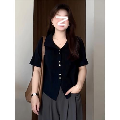 大碼韓系休閑風polo領短袖襯衫女裝夏季胖mm顯瘦百搭v領開衫上衣|人造