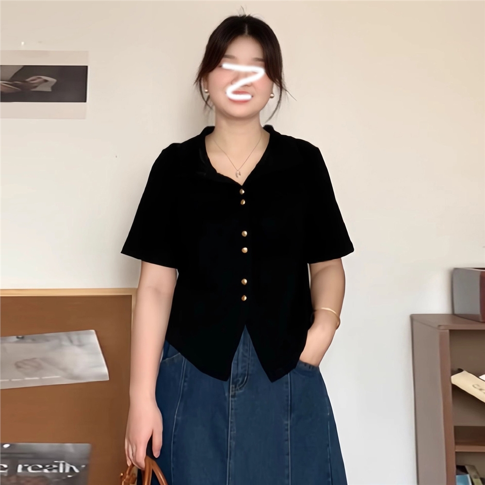 大碼韓系休閑風polo領短袖襯衫女裝夏季胖mm顯瘦百搭v領開衫上衣|人造