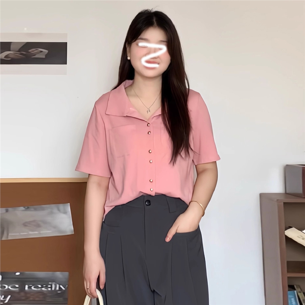 美品 VXY2135 正常動作品 XL可 希少品‼ 大碼韓系休閑風polo領短袖襯衫女裝夏季胖mm顯瘦百搭v領開衫上衣|人造