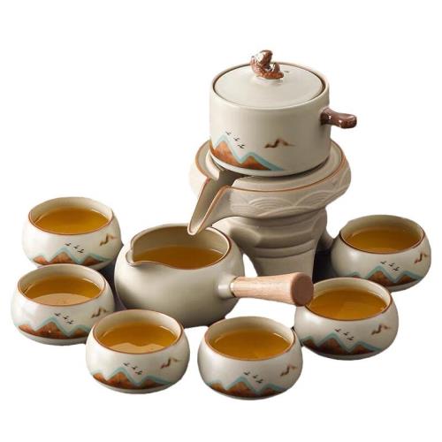 汝窯自動茶具家用懶人泡茶神器石磨旋轉泡茶壺茶杯高檔茶具帶禮盒|咖啡