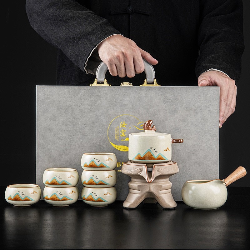 汝窯自動茶具家用懶人泡茶神器石磨旋轉泡茶壺茶杯高檔茶具帶禮盒|咖啡