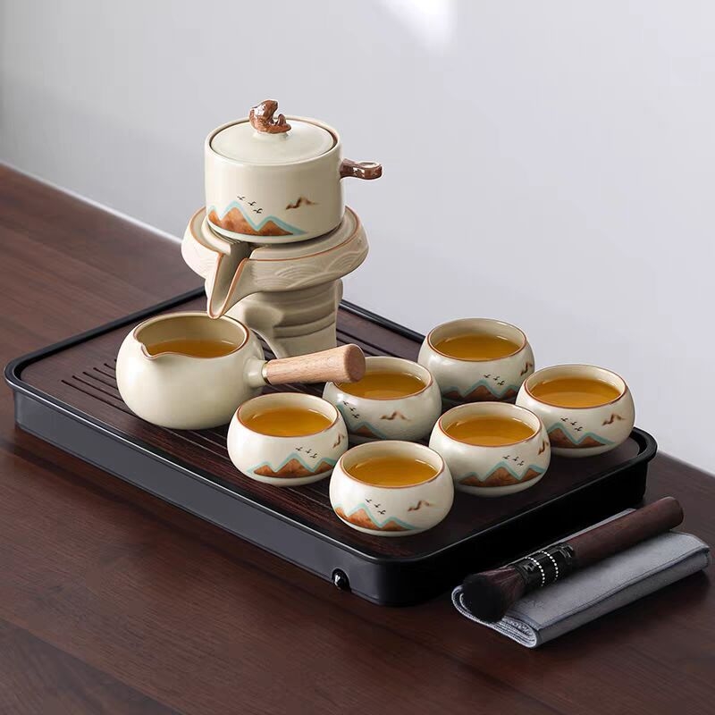汝窯自動茶具家用懶人泡茶神器石磨旋轉泡茶壺茶杯高檔茶具帶禮盒|咖啡