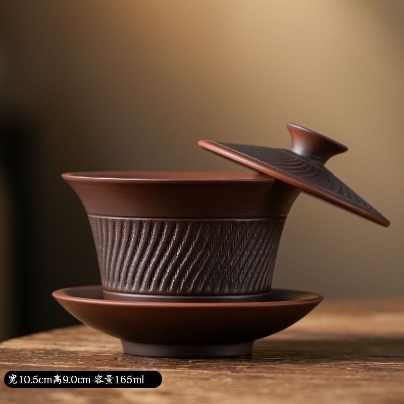 紫陶懸停三才蓋碗手工跳刀功夫茶具家用紫砂大號單個高檔|茶具|ETMall