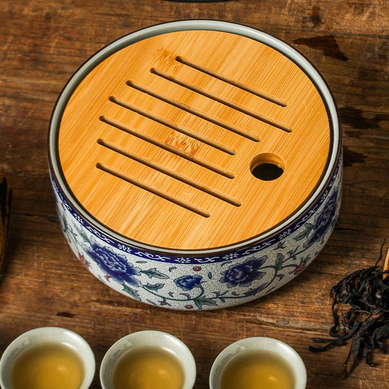 景德鎮青花瓷新中式古董陶瓷圓形蓄水竹木功夫工夫茶茶杯茶盤|茶具
