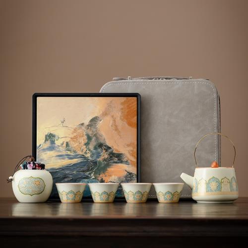 高檔商務汝窯開片古韻泡茶壺茶具套裝家用高檔戶外泡茶文創伴手禮|咖啡