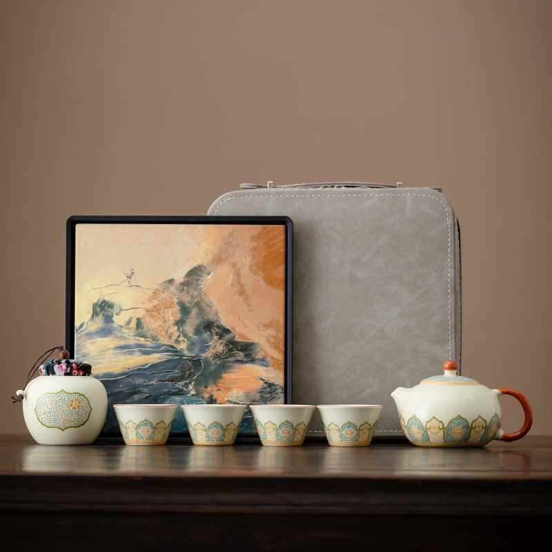 高檔商務汝窯開片古韻泡茶壺茶具套裝家用高檔戶外泡茶文創伴手禮|咖啡