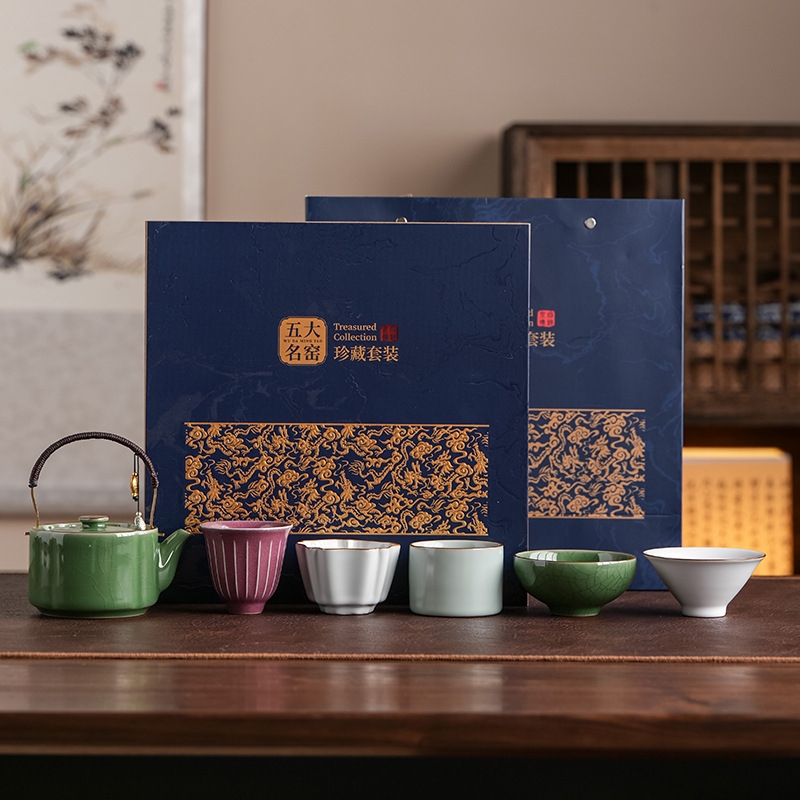 故宮文創五大名窯茶具提梁壺一壺四杯陶瓷泡茶壺功夫茶具禮盒套裝|茶具