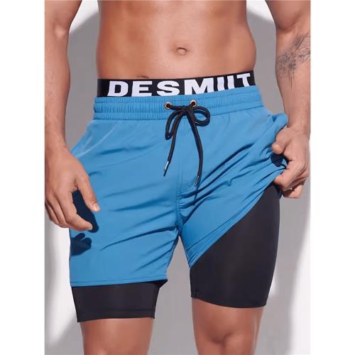 DESMIIT 男士沙灘褲寬松雙層防尷尬內襯速干4分沖浪褲運動短褲