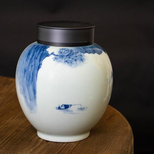 仿古青釉鋁合金蓋茶葉密封罐青花山水陶瓷茶具陶瓷罐茶倉醒茶|咖啡茶具