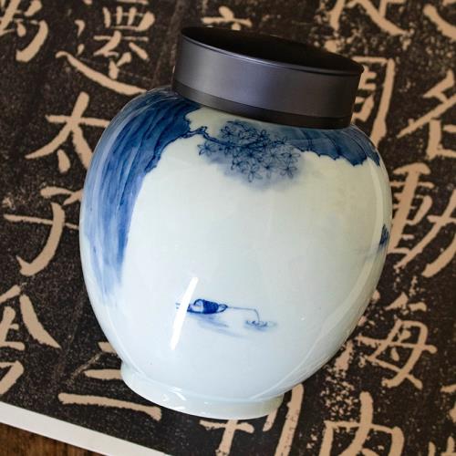 茶道具 青花 山水紋 嘉慶年製 款 蓋置 DT336 仿古青釉鋁合金蓋茶葉密封罐青花山水陶瓷茶具陶瓷罐茶倉醒茶|咖啡茶具