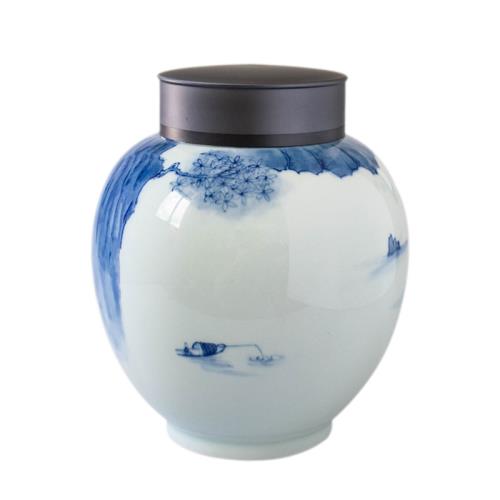 仿古青釉鋁合金蓋茶葉密封罐青花山水陶瓷茶具陶瓷罐茶倉醒茶|咖啡茶具