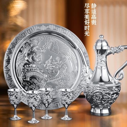 龍鳳呈祥酒具六件套銀酒壺銀酒杯輕奢復古鍍銀酒具五件套皮盒套裝|咖啡