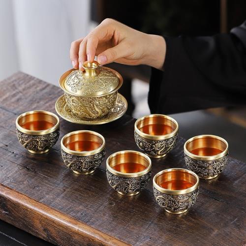 銅器 龍鳳壺 水筒 茶壺 酒壺 工芸品 置物 黃銅蓋碗三件套客廳浮雕龍鳳百福蓋碗酒壺酒杯銅工藝品擺件|咖啡茶具/酒