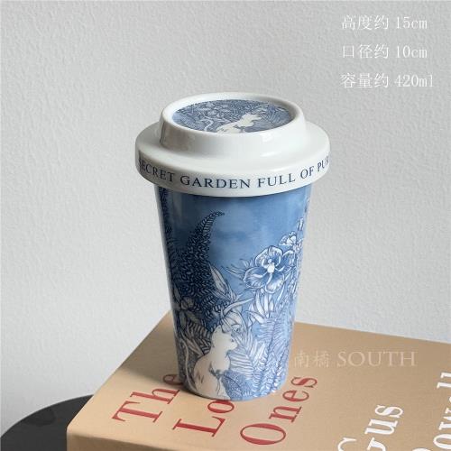 South新中式青花貓手握蓋杯咖啡杯家用水杯馬克杯陶瓷杯伴手禮物|咖啡具