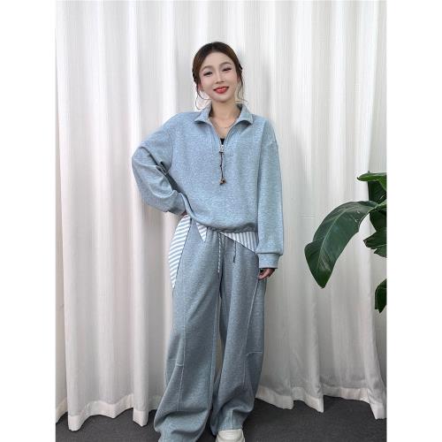 2026春款新品休閑運動套裝女高級感氣質減齡立領衛衣闊腿褲兩件套