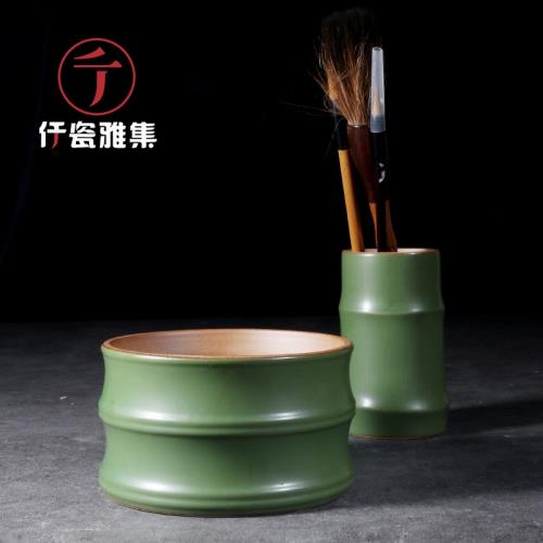 仟瓷雅集仿竹陶瓷水杯筆筒書畫繪畫陶泥筆洗水洗水盂洗筆缸批發|筆盒