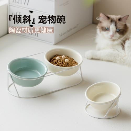 ✅陶瓷斜口寵物雙碗護頸椎貓碗貓咪食盆高腳防打翻大容量飲水碗糧