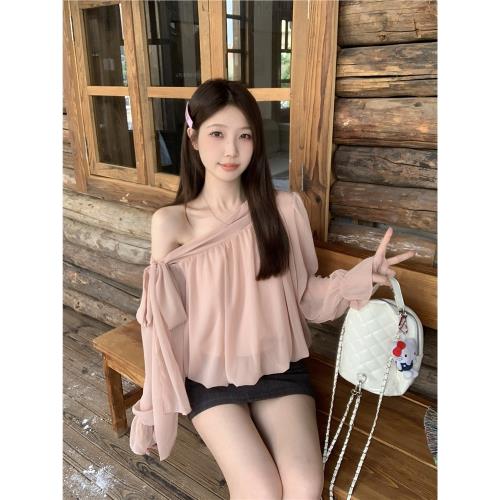 溫柔千金風靈動飄逸斜肩襯衫女大碼胖MM春季氣質小眾綁帶絕美上衣